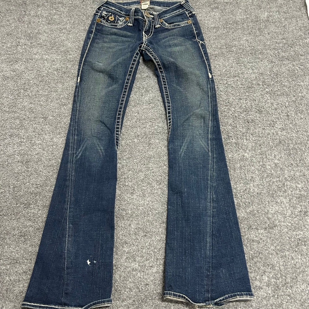 True Religion Jeans Womens Size 26 Blue Joey Flare Thick Stitch USA Made Denim